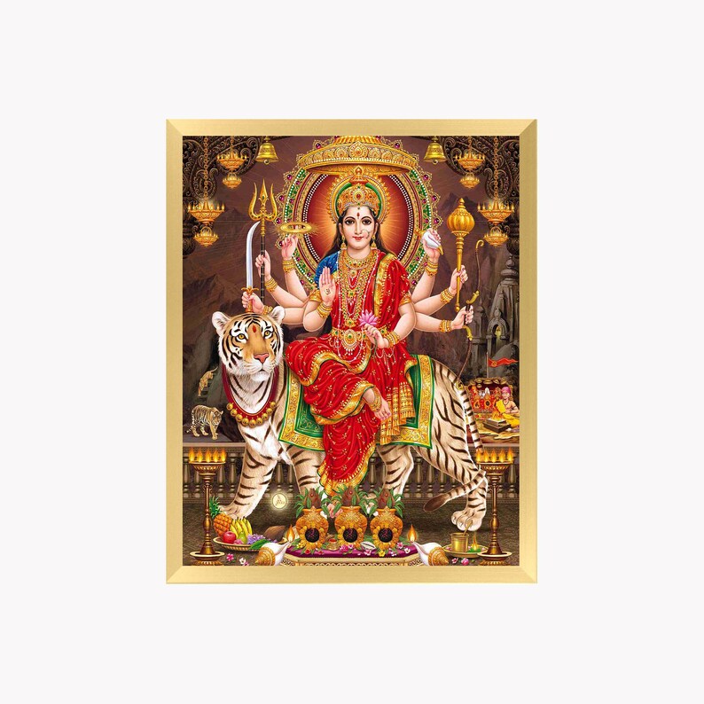 Sticaro Premium Hindu Goddess Durga Bhawani Religious Framed Photo for Wall and Pooja Room Gold