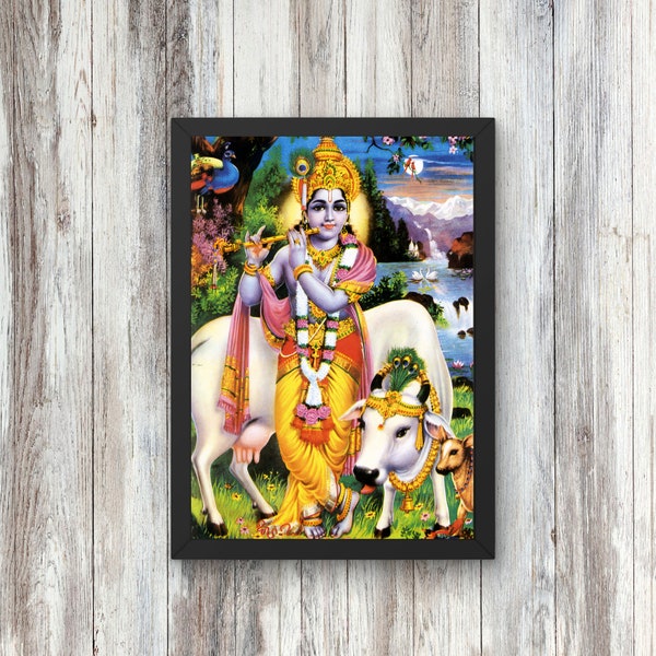 Sticaro | Premium Hindu Lord Krishna And Kamadhenu God | Religious Framed Photo for Wall and Pooja Room