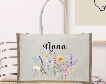 Personalized Jute Bag, Custom Large Shopping Tote Bag with Pocket Birthday, Mothers Day Gift Women, Floral Grandma, Mum, Nanny, Granny