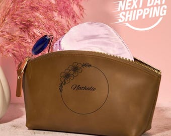 Personalized Leather Makeup Bag, Personalized Cosmetic Bag, Birthday Gift for Her, Custom Makeup Bag Gift for Her, Mother's Day Gift