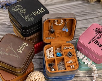 Engraved Birth Flower jewellery Box, Travel Jewelry Box, Birthday Gift, Bridal Party Gifts, Bridesmaid Gifts, Gift for her, Bridesmaid Gifts