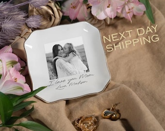 Personalized Ceramic Photo Jewelry Dish for Mom, Mother's Day Keepsake Tray
