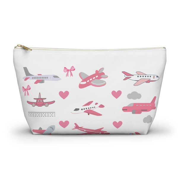 Pink Airplane Travel Bag for Makeup., Cosmetics, Medicine, Accessory Pouch w T-bottom