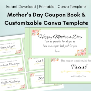 Cuponero para el Día de la Madre / Descarga digital imprimible / Plantilla Canva / Regalo para mamá, esposa, regalo de último minuto, personalizable, verde, editable