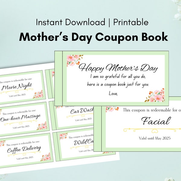 Mother’s Day Coupon Book | Printable Digital Download | Mother’s Day gift | Coupon Book, gift for mom, wife, last minute gift, custom gift