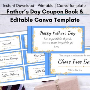 May include: Printable Father's Day coupon book template with a blue and gold design. The coupons include options for a haircut, one-hour massage, coffee delivery, a new book, and a chore-free day.