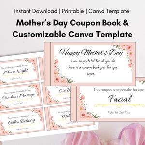 Cuponero para el Día de la Madre / Descarga digital imprimible / Plantilla Canva / Regalo para mamá, esposa, regalo de último minuto, personalizable, rosa, editable