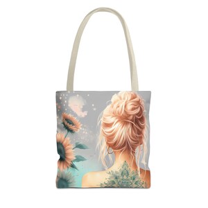Messy Bun Girl Sunflower Tote Bag, Geschenk für sie, Mutter Geschenke, beste Freunde Geschenk, Tochter Geschenk, Schwester Geschenk, Strandtasche, Pool Tasche, Büchertasche