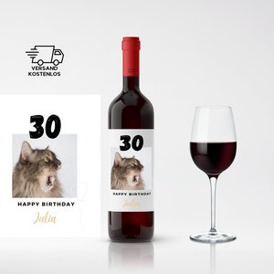 Gepersonaliseerd wijnetiket voor een verjaardag, stickeretiket voor flessen voor een verjaardag, gemakkelijk voor elke gelegenheid, kattenmotief voor een 30e verjaardag.