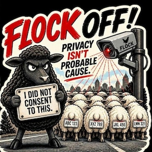 May include: A graphic illustration featuring a black sheep holding a sign that reads I DID NOT CONSENT TO THIS. Above, the text FLOCK OFF! appears in red. A security camera labeled FLOCK emits red laser beams toward a group of white sheep with license plates.
