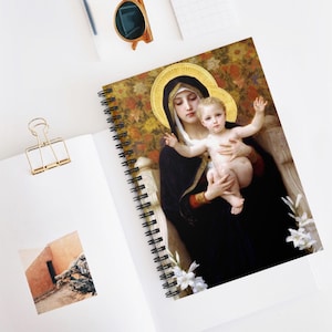 Cuaderno espiral La Vierge Au Lys de Bouguereau, línea rayada, diario, cuaderno de bocetos, regalo para amantes del arte vintage, papelería, regalo para su escuela