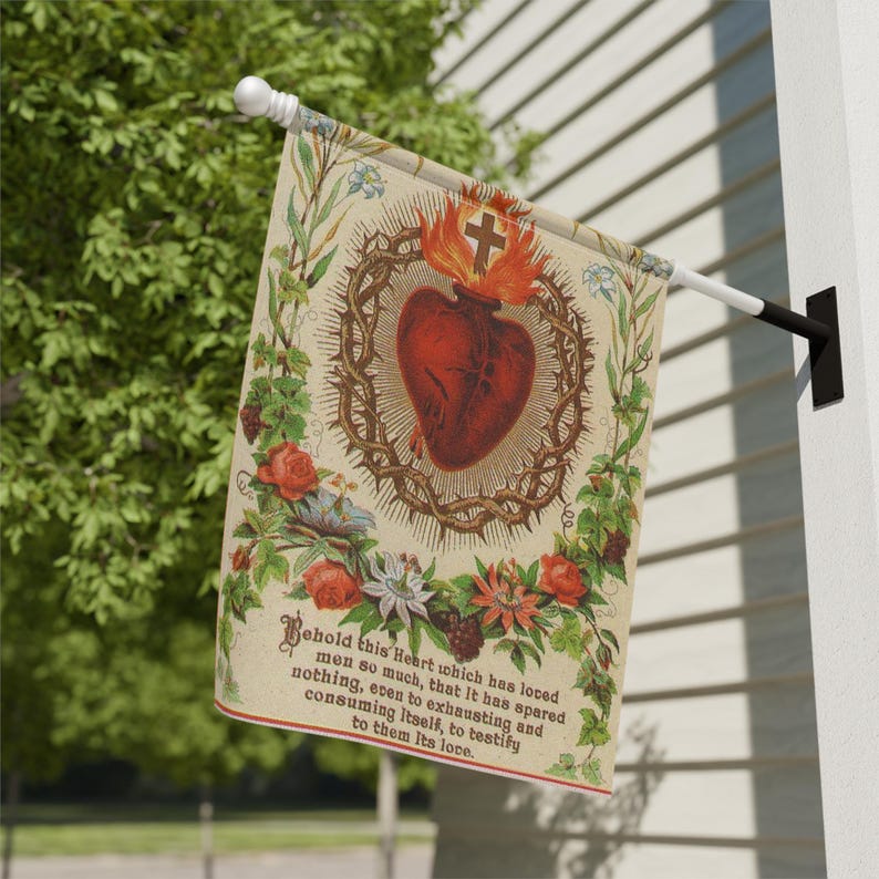 Sacred Heart of Jesus Garden Banner: Vintage Catholic Decor image 6