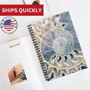 May include: Spiral-bound notebook with a detailed fossil design on the cover. The cover features a close-up of a nautilus shell in shades of gray, beige, and blue. The notebook is open, revealing blank white pages.