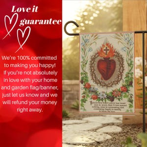 May include: A rectangular garden flag featuring a heart with a cross, surrounded by a crown of thorns and floral accents. The flag has text that reads "Behold this Heart..." and is displayed on a black metal stand.