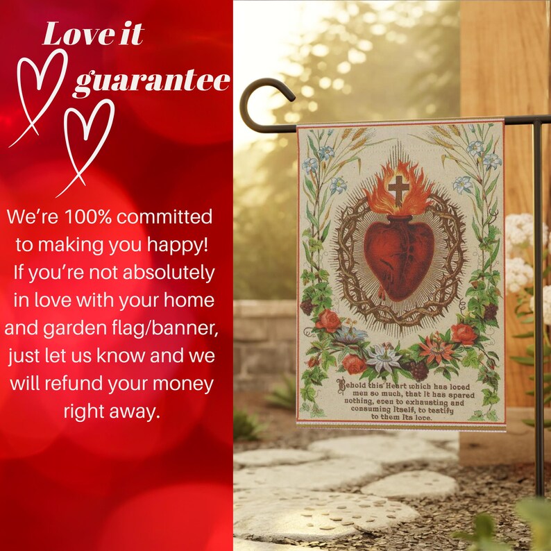 May include: A rectangular garden flag featuring a heart with a cross, surrounded by a crown of thorns and floral accents. The flag has text that reads "Behold this Heart..." and is displayed on a black metal stand.