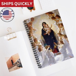Cuaderno de espiral "La Virgen con los Ángeles" de Bouguereau, diario de oración, línea rayada, diario, cuaderno de bocetos, regalo para amantes del arte, arte católico vintage
