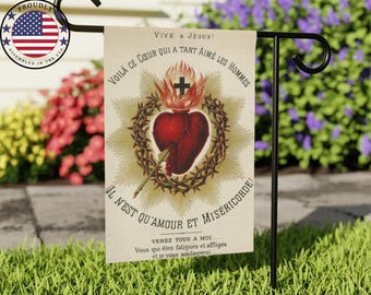 Antique French Sacred Heart Banner: Religious Garden Flag