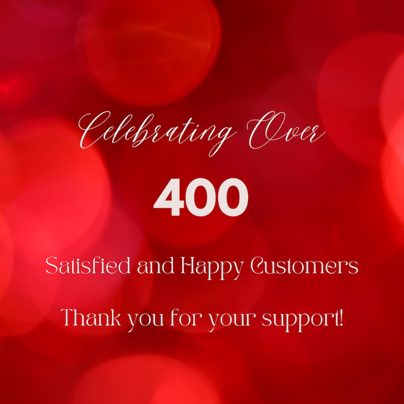 May include: A red background with blurred white and red circles. The text reads "Celebrating Over 400 Satisfied and Happy Customers. Thank you for your support!"