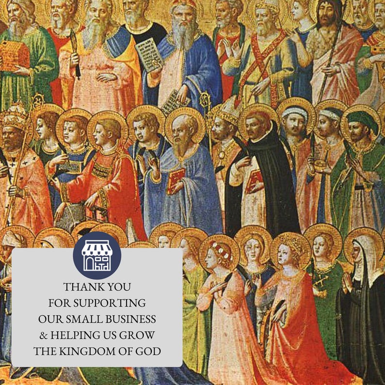May include: A detailed painting of numerous figures, each with a halo, in various robes. The artwork features a range of colors, including red, blue, and gold. A text overlay reads: "THANK YOU FOR SUPPORTING OUR SMALL BUSINESS & HELPING US GROW THE KINGDOM OF GOD."