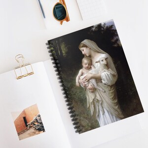 Cuaderno de espiral "Inocencia" de Bouguereau, línea rayada, diario, cuaderno de bocetos, regalo para amantes del arte, papelería, arte vintage de la Virgen con el Niño