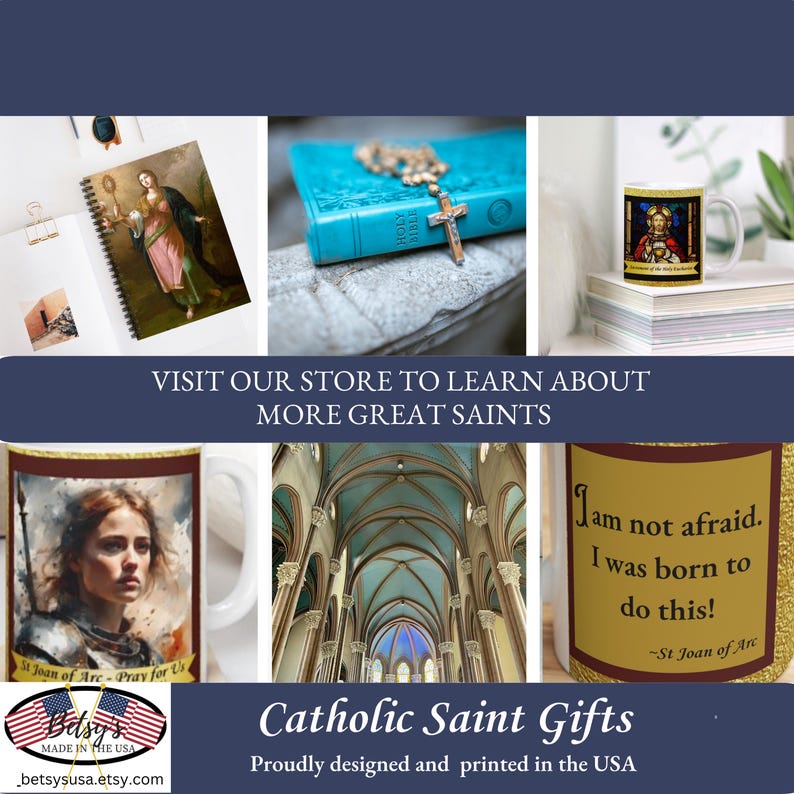 May include: A collage of Catholic Saint gifts, including a notebook with a saint illustration, a blue book with a rosary, and mugs featuring saint images. The text "Catholic Saint Gifts" and "Proudly designed and printed in the USA" are also visible.