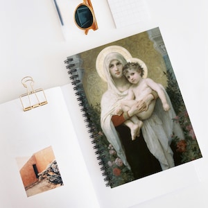 Cuaderno espiral "Virgen de las Rosas" de Bouguereau, diario de oración, línea rayada, diario, cuaderno de bocetos, regalo para amantes del arte, papelería vintage.