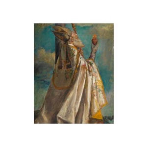 May include: A painting of a man in a white robe and a mitre, holding a heart in his right hand. The background is a blue sky with clouds.