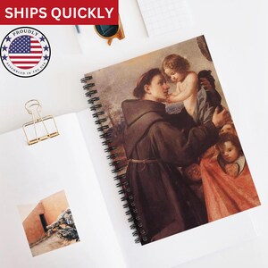Cuaderno espiral religioso, arte católico vintage, diario espiritual con líneas rayadas, diario de oración de San Antonio de Padua con el Niño Jesús de Salgado