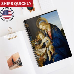 Cuaderno de espiral artístico de la Virgen con el Niño de Botticelli, diario de oración vintage con santos católicos, regalo para artistas y amantes del arte.