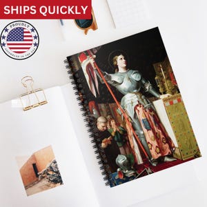 Ingress&#39;s St Joan of Arc Ruled Line Spiral Notebook Vintage Catholic Saint Art Prayer Journal, Sketchbook Diary, Gift for History Buffs