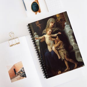 Cuaderno de espiral de la Virgen María, Jesús y San Juan Bautista de Bouguereau, línea rayada, diario, cuaderno de bocetos, regalo católico vintage para amantes del arte.