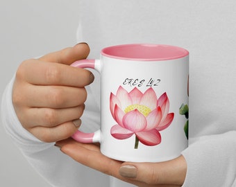 Taza color interior rosa, flor de loto, taza regalo, taza con frases especiales