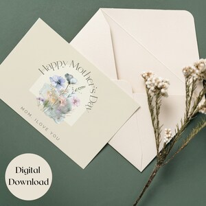 Elegante tarjeta para el Día de la Madre, tarjeta imprimible con la frase «Te amo, mamá» y un interior en blanco, regalo para ella