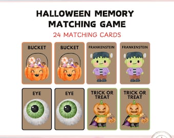 May include: A Halloween Memory Matching Game with 24 cards. The cards feature illustrations of a jack-o'-lantern bucket, Frankenstein's monster, a green eyeball, and a trick-or-treater. The text "INSTANT DOWNLOAD" and "US LETTER SIZE & A4" are at the top.