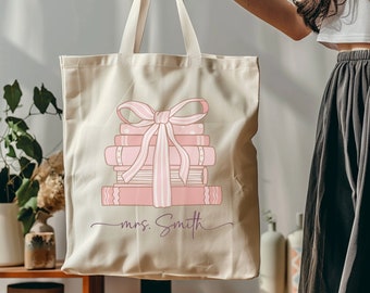Coquette Tote Bag, Cotton Canvas, Library Bag, Reusable Grocery Bag, Pink Bow Tote Bag