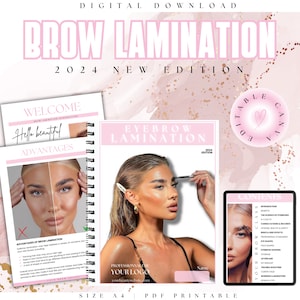 Peut inclure: Un guide de téléchargement numérique pour la lamination des sourcils, avec un design rose et or et le titre "Lamination des sourcils 2024 Nouvelle édition". Le guide comprend une section de bienvenue, une liste d'avantages et une page de contenu avec des sujets tels que la science des sourcils, les consultations et les soins après la lamination.