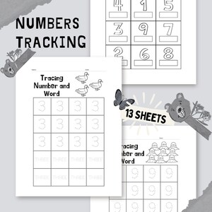0-9 Tracciamento di numeri e parole e fogli di lavoro per attività, fogli di lavoro prescolari, Tracciamento di numeri stampabili, Tracciamento di bambini, Pratica di scrittura a mano
