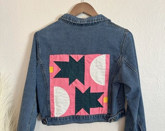 Upcycled Cropped Denim Jacket with Custom Quilt Patch