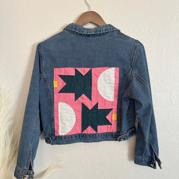 Upcycled Cropped Denim Jacket with Custom Quilt Patch