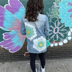 Upcycled Long Distressed Denim Jacket with Floral Quilt Patches