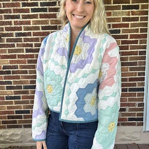 Handmade Quilted Jacket Grandmother&#39;s Flower Garden - Cropped Coat