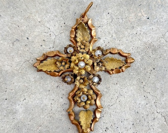 Antique European Brass Floral Cross Pendant c. 1900–1925 | Glass Pearl Gothic Revival Devotional Jewelry