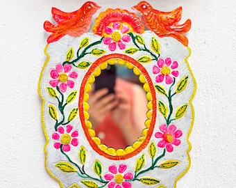 CONTEMPORARY Hand-Painted Punched Tin Mirror with Doves - Authentic San Miguel de Allende Folk Art