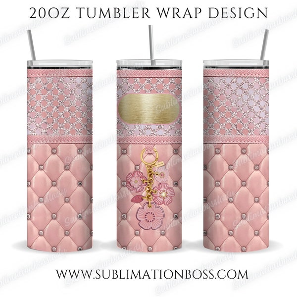 Blush Pink Flower Keychain Leather Look Skinny 20oz tumbler wrap design, PNG, Digital download, High Resolution file