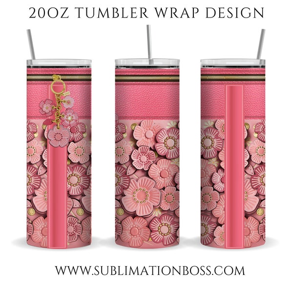 Salmon Pink Leather Flowers Purse Look Skinny 20oz tumbler wrap design, PNG, Digital download, High Resolution file