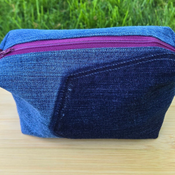 Upcycled Denim Trapedoid Zip Pouch, Small Dopp Kit, Boxy Bag Recycled Jeans Toiletries, Makeup, Cosmetics Bag Purple Zip Floral Inside