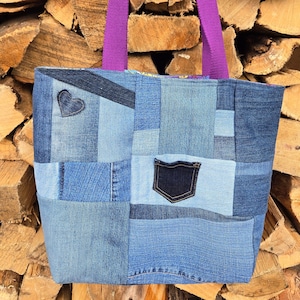 Upcycled Denim Patchwork Tote Bag: Heart Detail, Zipper Pocket