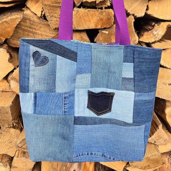 Upcycled Denim Jeans Patchwork Tote Bag with Heart and Mini Pocket Over the Shoulder Handles, Key fob and inside zipper pocket Unique