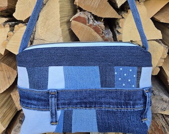 Upcycled denim patchwork jeanstasje kleine handtas Uniek milieuvriendelijk cadeau Stijlvol casual chic