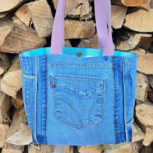 Upcycled Denim Jeans Tote Bag Levi's Mauve Over the Shoulder Handles and zipper pocket pastel plaid lining Key Fob